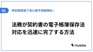 「宥恕期間満了後も2024年から猶予措置開始!法務が契約書の電子帳簿保存法対応を迅速に完了する方法」と題した記事を示した図
