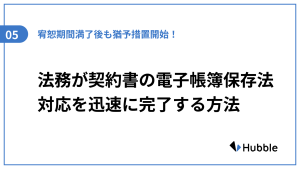 「宥恕期間満了後も2024年から猶予措置開始！法務が契約書の電子帳簿保存法対応を迅速に完了する方法」と題した記事を示した図